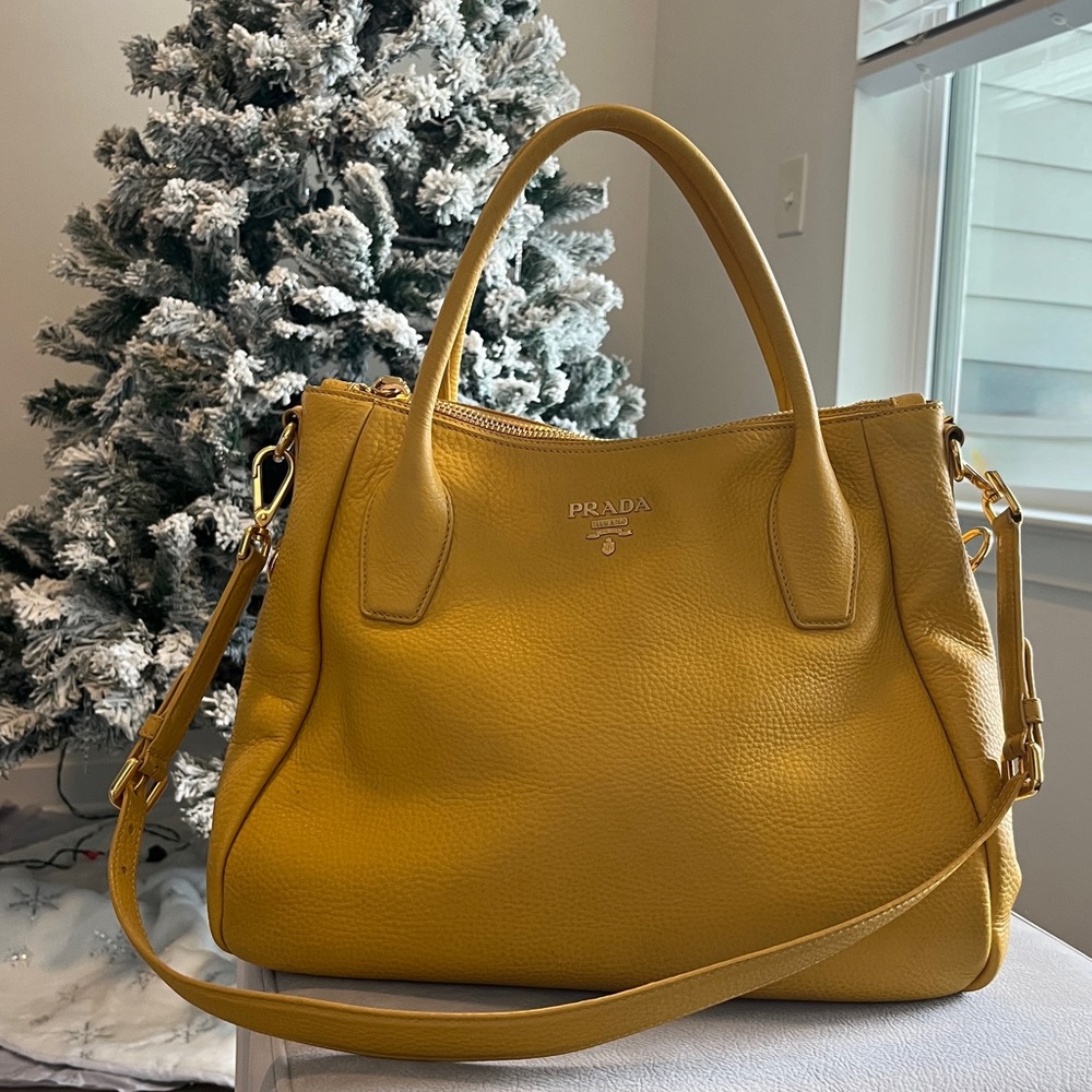 Authentic Prada Vitello Daino Dual Handle Hobo Shoulder Tote Bag Mimosa Yellow